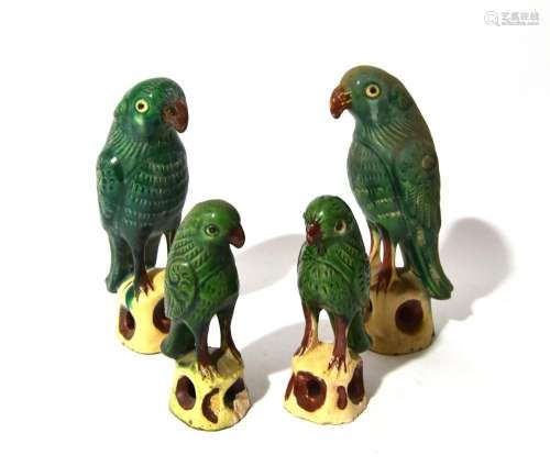 Two Pairs of Chinese Green Glazed Ceramic Parrots