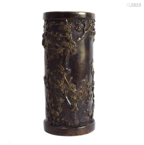 A Chinese Bronze Alloy Brushpot with Cherry Blossom in Low R...