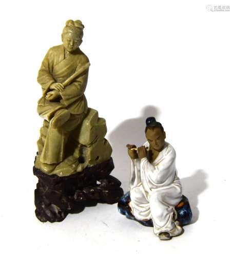 Two Chinese Figurines of Scholar Playing Flute, Stone Carved...