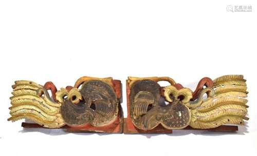 A Long Pair of Carved & Painted Bird-like Figures, Archi...