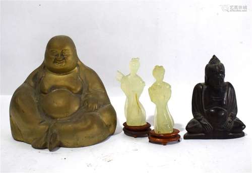 An Alloy Buddha, Two Jade Stone Figurines & a Wooden Bud...