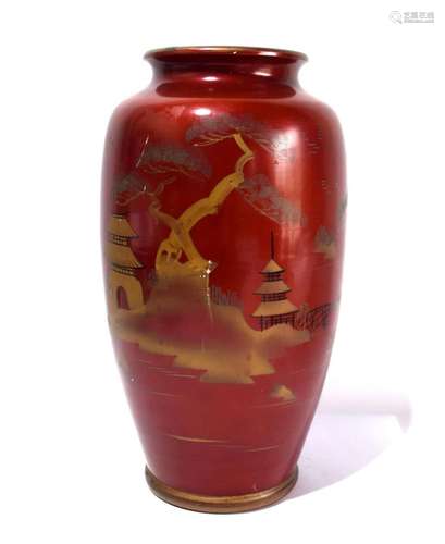 A Large Red Metal Vase with Enamel,