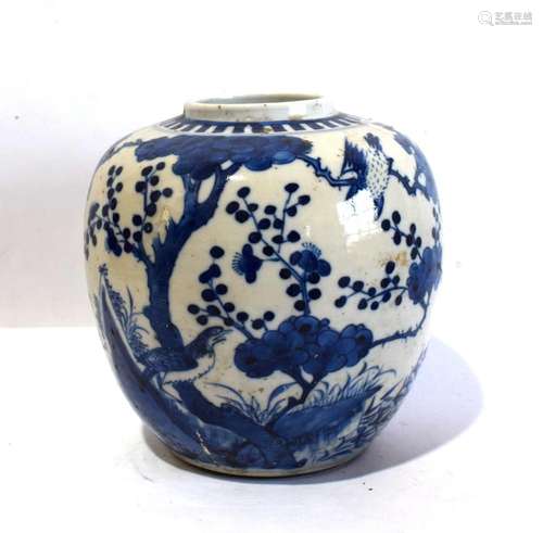 A Chinese Blue & White Jar Painted with Birds & Flow...