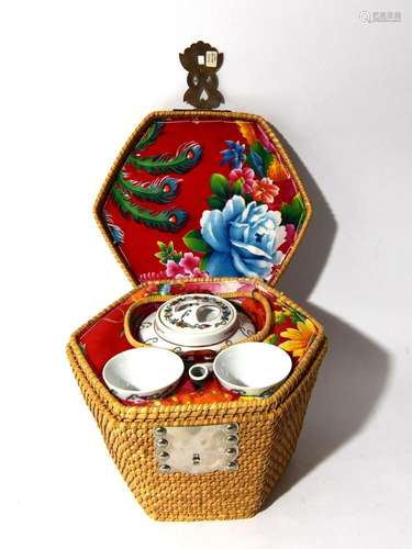 A Chinese Famille Rose Tea Set in a Woven Box