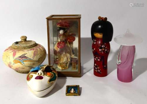 A Collection of Japanese Dolls, a Box, a Jar & a Brooch