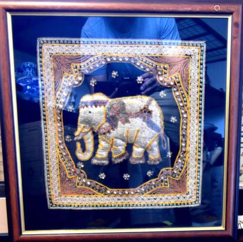 A Framed Thai Embroidery of Elephant