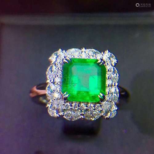天然哥伦比亚祖母绿18k金豪镶钻石戒指