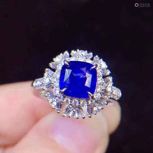 天然宝石斯里兰卡无烧皇家蓝蓝宝石18k金豪镶钻石戒指