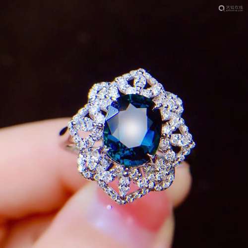 天然宝石无烧皇家蓝蓝宝石18k金豪镶钻石戒指