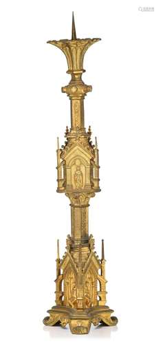 (T) A Gothic Revival gilt metal candleholder, H 112