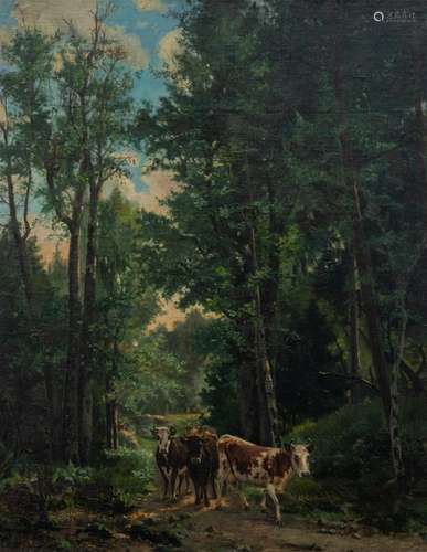 (T) R. Fedhner, cows in a wooded area, 1882, oil on