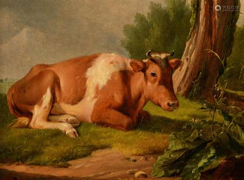 (T) A cow near the willow, oil on panel, 21 x 26,5