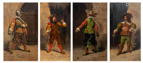 (T) Four Musketeers, 19thC, oil on canvas, 21 x 41 cm