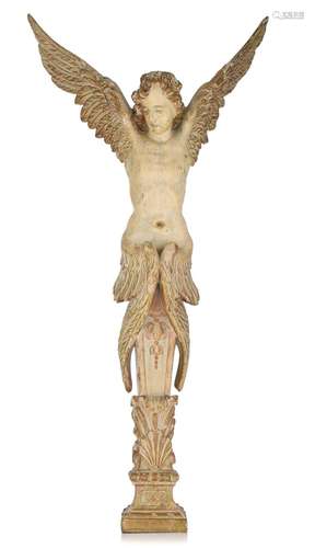 (T) A polychrome painted wooden sculpture of an angel