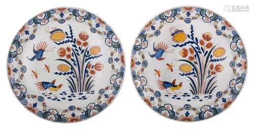 (T) A pair of large Delft polychrome chargers, marked