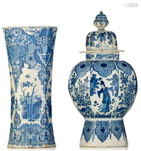 (T) Two Dutch Delft blue and white chinoiserie vases,