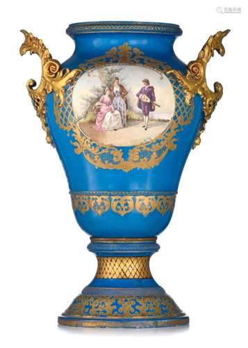 (T) A Sevres style 'blue celeste' ground vase, H 6...