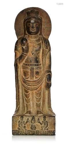 (T) A Chinese grey stone figure of standing Guanying,