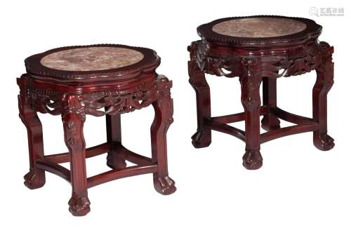 (T) Two Chinese hardwood bases with a marble plaque, H