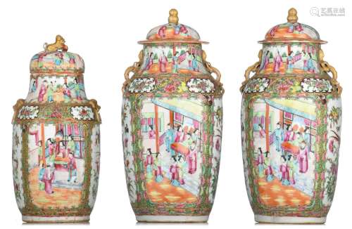(T) Three Chinese Canton famille rose lidded vases,