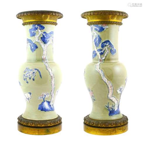 ^ A Pair of Gilt Metal Mounted Chinese Porcelain Yen Yen Vas...