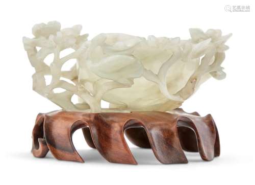 A Chinese White Jade Floral Carved Brush Washer