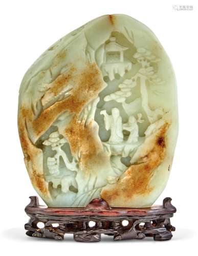 A Chinese Celadon and Russet Jade Boulder