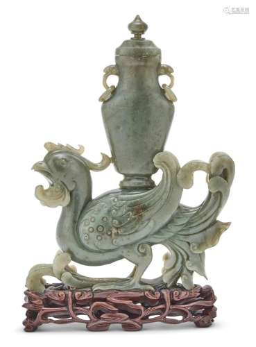 A Chinese Spinach Jade Phoenix-Form Vase and Cover