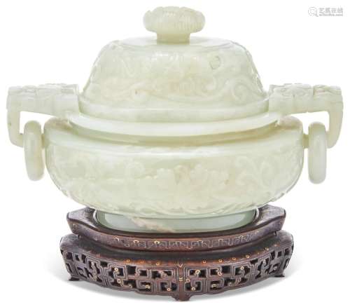 A Chinese Pale Celadon Jade Censer and Cover