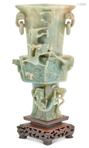 A Chinese Celadon Jade Gu Vase