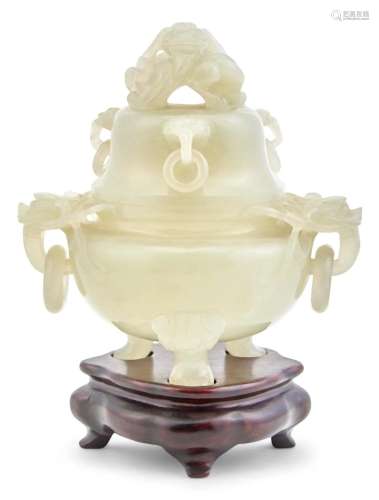 A Chinese White Jade Tripod Censer and Cover