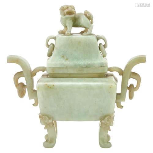 A Chinese Celadon Jade Censer and Cover