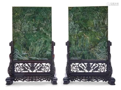 A Large Pair of Chinese Gilt Decorated Spinach Jade Table Sc...