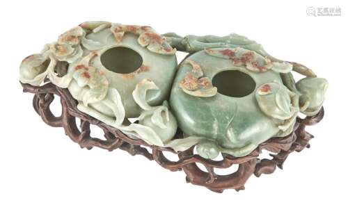 A Fine and Large Chinese Carved Jade Double Peach Brush Wash...