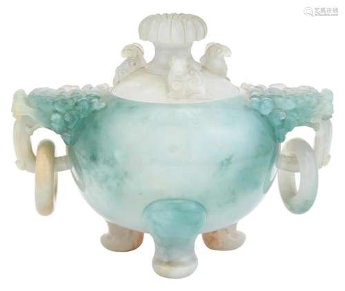 A Chinese Jadeite Tripod Censer and Cover