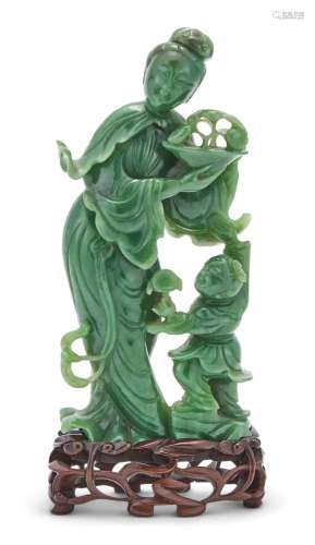 A Chinese Spinach Jade Carving of a Meiren and Child