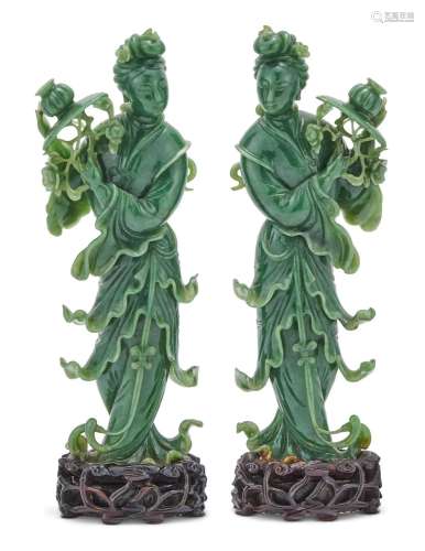 A Pair of Chinese Green Jade Carvings of Meiren