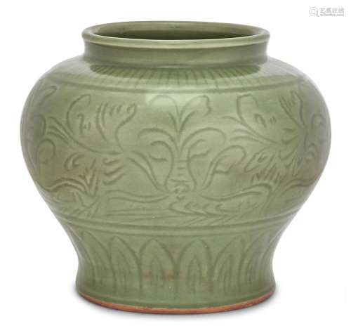 A Chinese Carved Longquan Celadon Baluster Jar