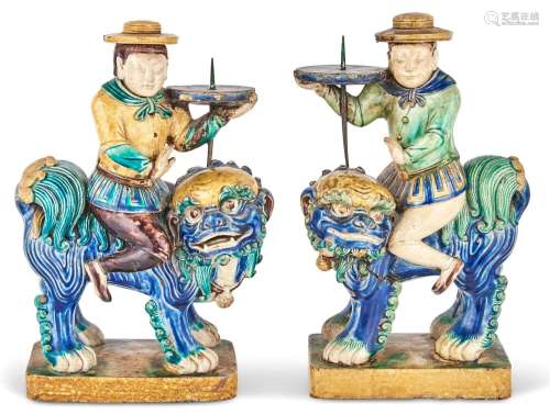 A Pair of Chinese Tilework Figural Prickets