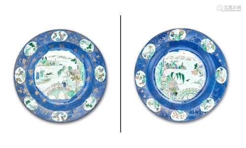 A Pair of Chinese Powder Blue and Famille Verte Porcelain Pl...