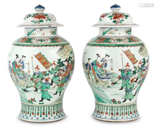 A Fine Pair of Chinese Famille Verte Porcelain Baluster Vase...