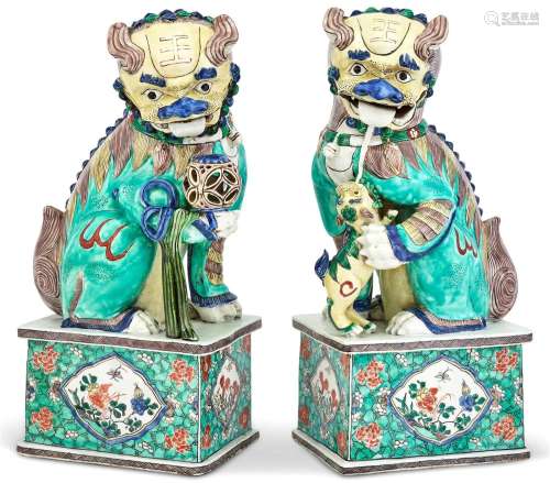 A Large Pair of Chinese Famille Verte Porcelain Fu Lions