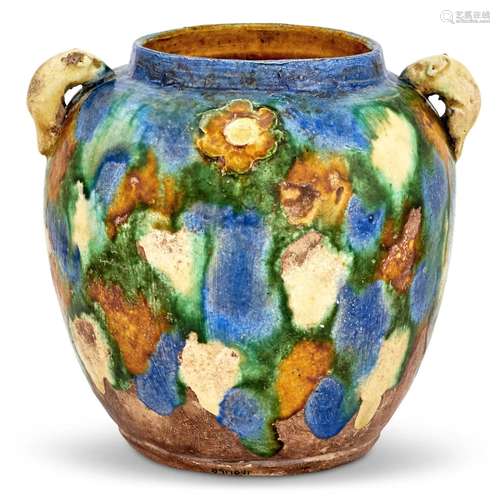 A Rare Chinese Sancai Glazed Double Handled Mouse Jar