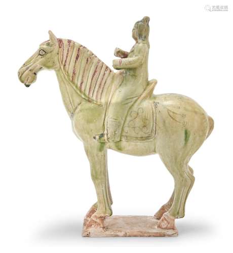 A Rare Chinese Painted and Lime Green Glazed Pottery Equestr...