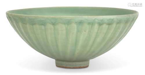 A Fine Chinese Longquan Celadon Petal-Carved Conical Bowl