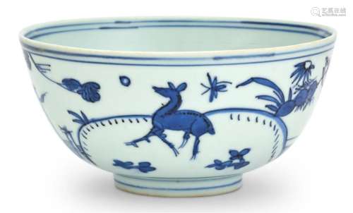 A Chinese Blue and White Porcelain Monkey and Deer Bowl