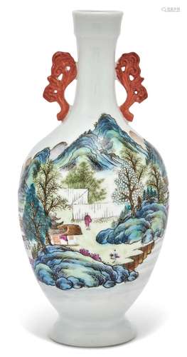 A Chinese Double-Handled Famille Rose Porcelain Landscape Va...