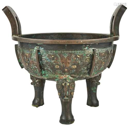 A Large Chinese Silver and Gold-Inlaid Bronze Ding Vessel