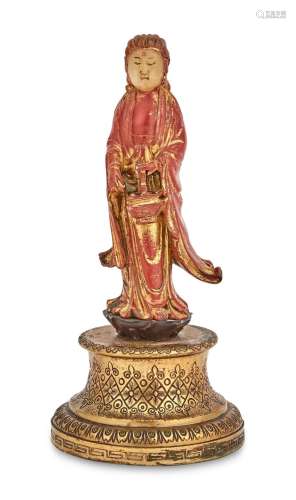 A Chinese Red and Gilt Lacquered Soapstone Figure of Guanyin