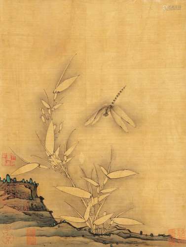 A Chinese School Painting, depicting bamboo and a dragonfly,...
